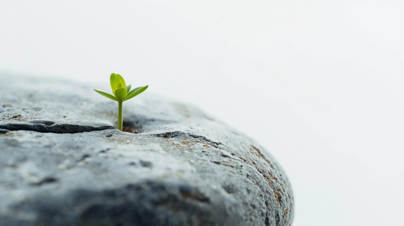 A cracked stone with a green sprout growing through it, symbolizing resilience, hope, and breaking free from fear-driven money narratives.