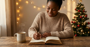 A Black woman sitting at a cozy desk, writing in a journal with a thoughtful expression. Warm natural light fills the room, and a cup of coffee and stationery are nearby. The scene conveys reflection, focus, and intentionality.