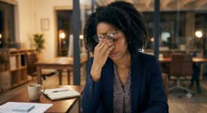 A woman feeling overwhelmed while reviewing financial documents, illustrating the challenge of knowing where to start with money.